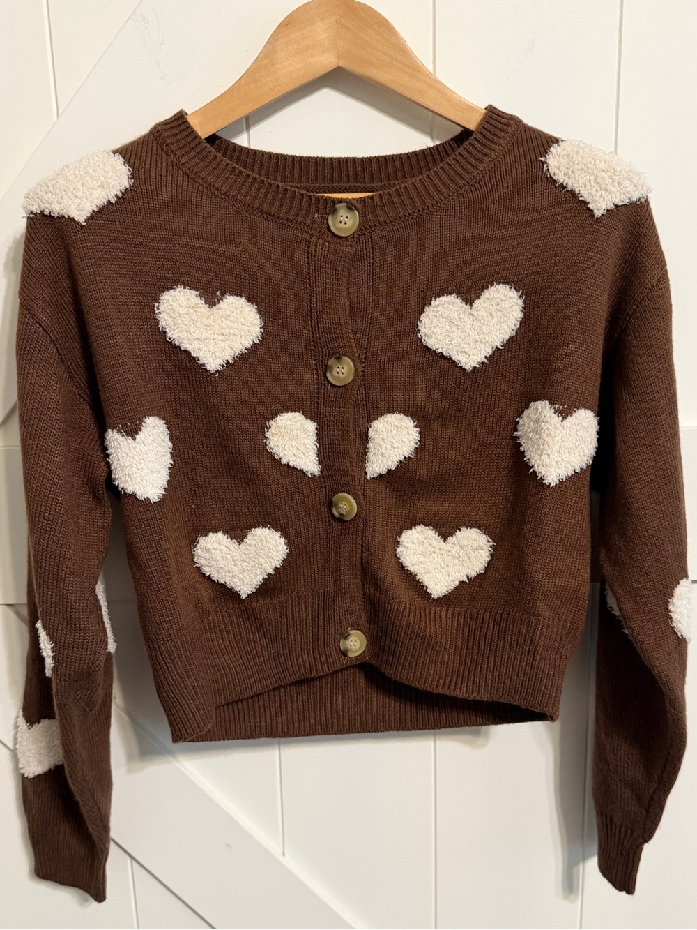 Love Tree Brown Fuzzy Heart Cardigan Sweater Cropped Size Women’s Large